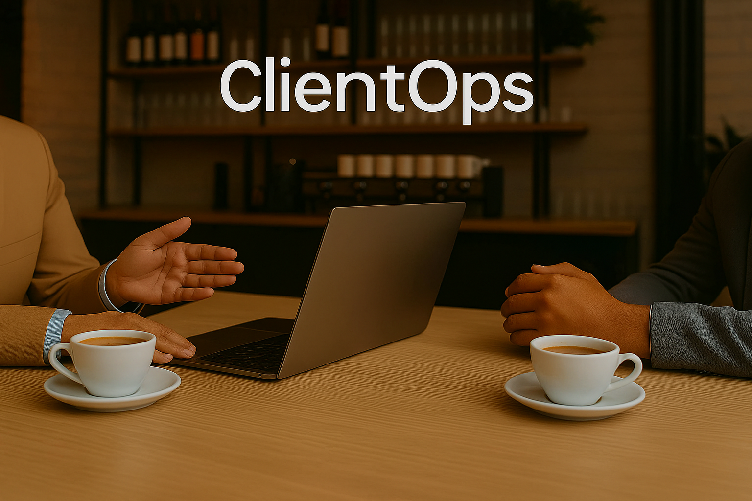Two people in a coffee shop discussing work on a laptop
